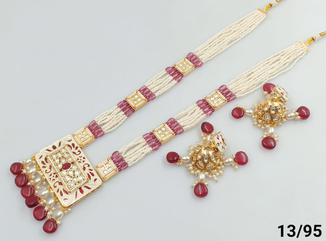 Traditional Square Gold Plated Kundan & Moti Pearl Long Mala Necklace Set