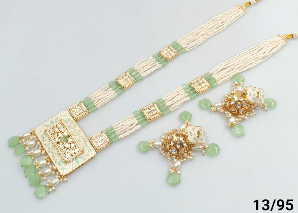 Traditional Square Gold Plated Kundan & Moti Pearl Long Mala Necklace Set