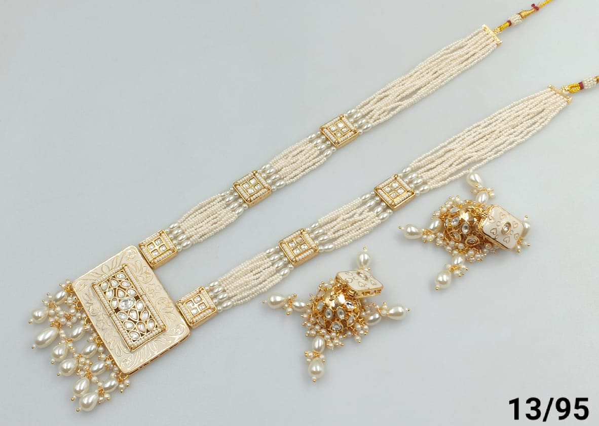 Traditional Square Gold Plated Kundan & Moti Pearl Long Mala Necklace Set