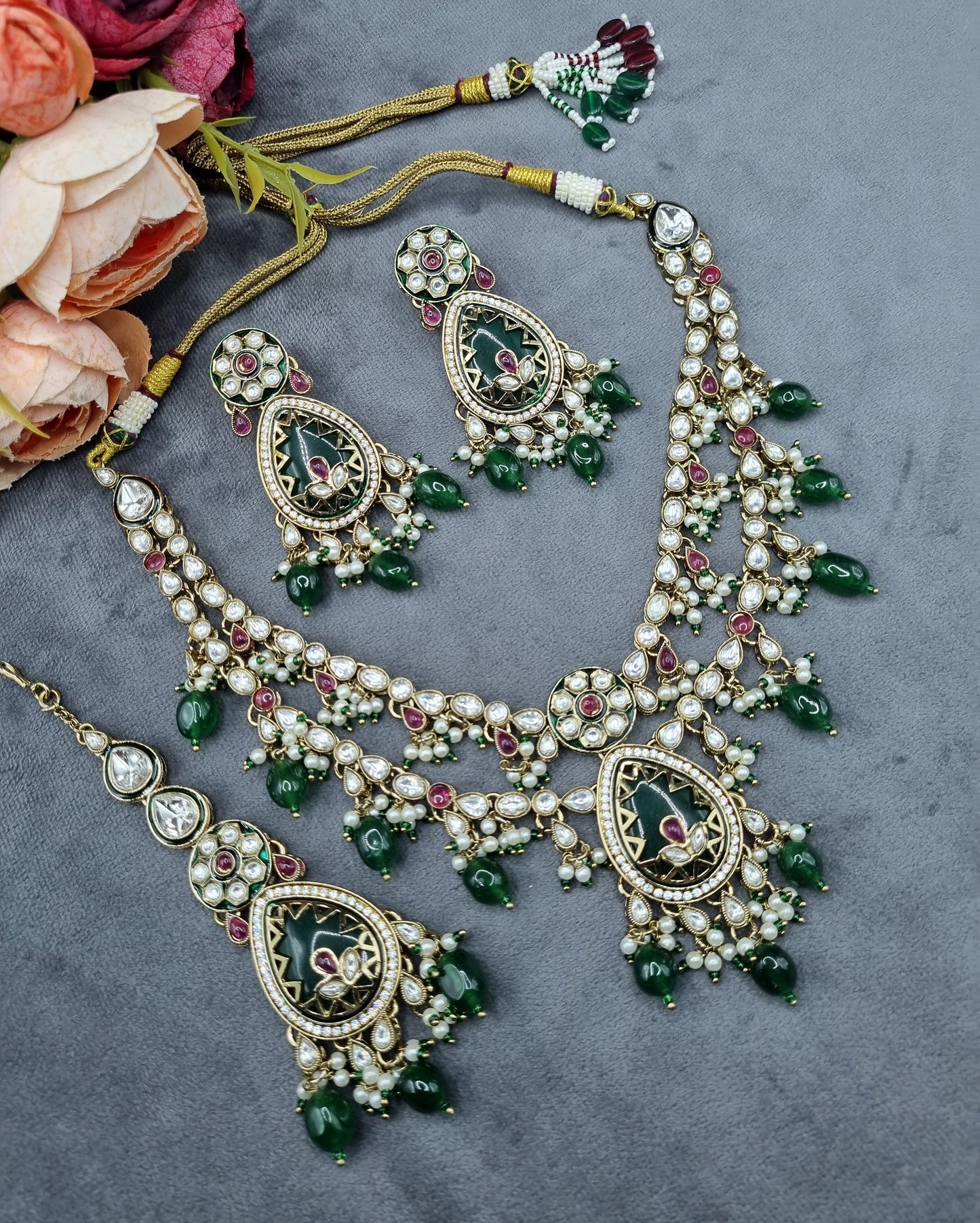 Handcrafted Kundan Layered Necklace Set with Earrings & Maangtikka