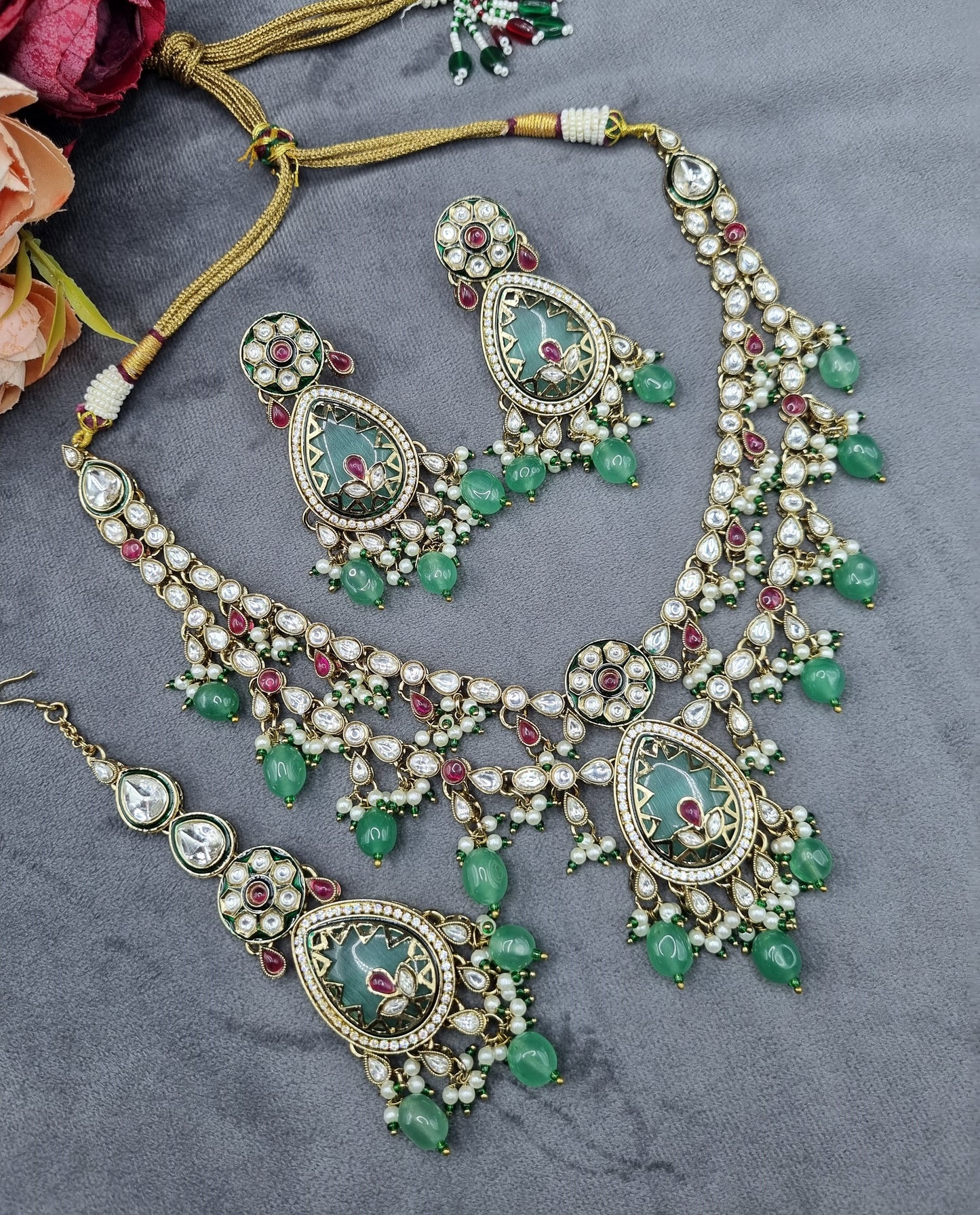 Handcrafted Kundan Layered Necklace Set with Earrings & Maangtikka