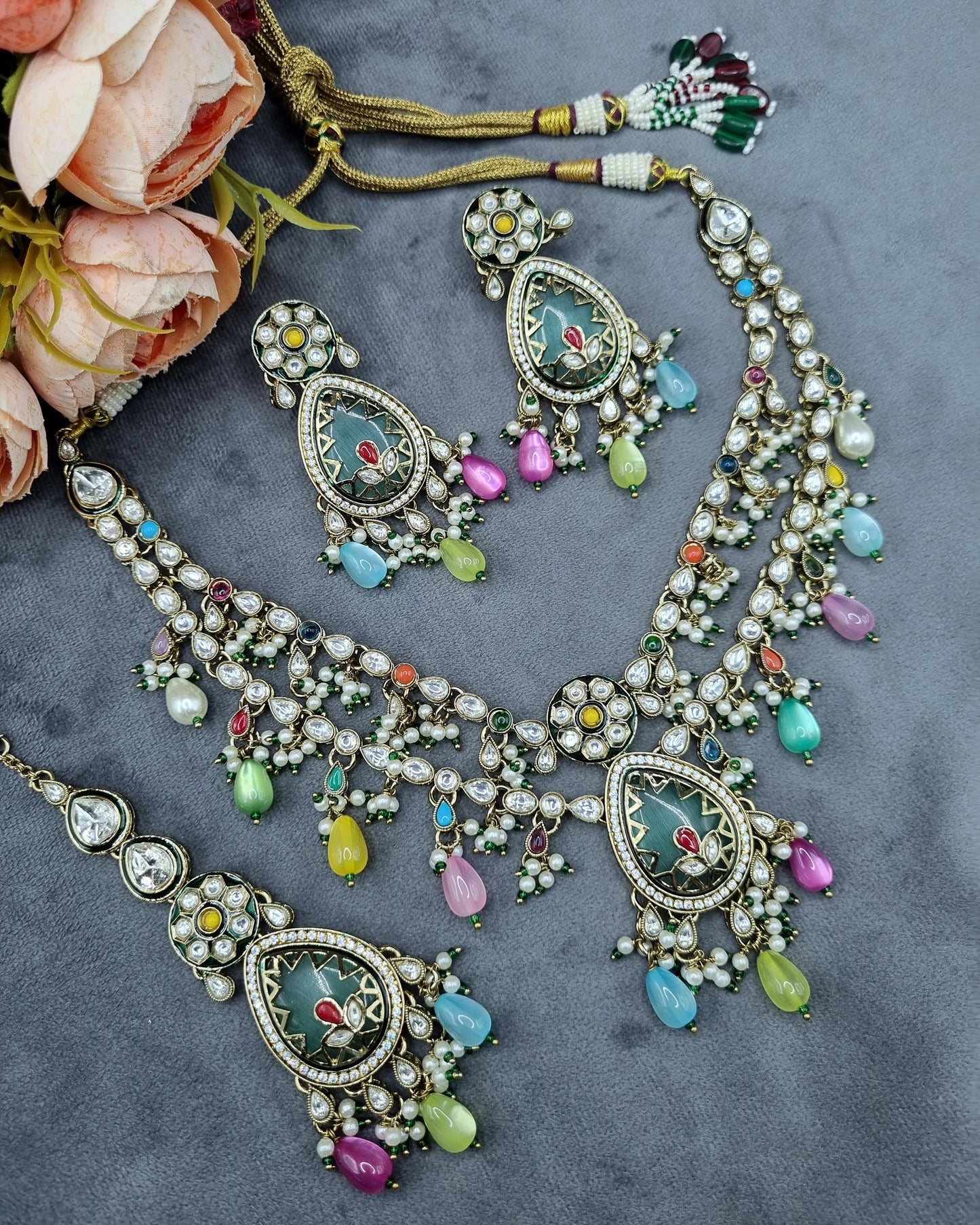 Handcrafted Kundan Layered Necklace Set with Earrings & Maangtikka