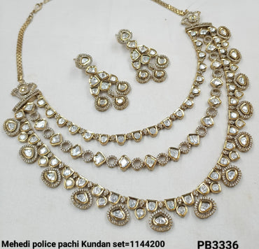 Antique Gold Polish Pachi Kundan Layered Necklace & Earring Set with Stone Detailing