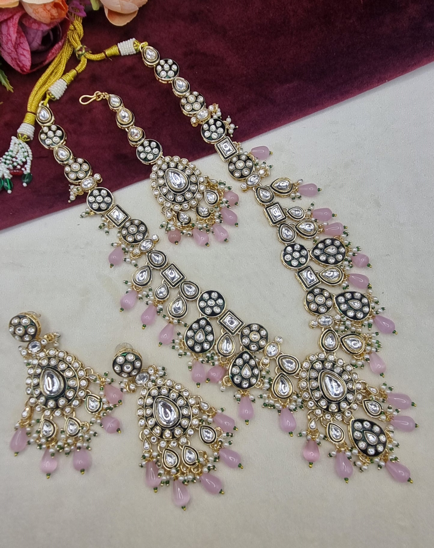 Long Kundan Haar Set with Earrings & Maang Tikka