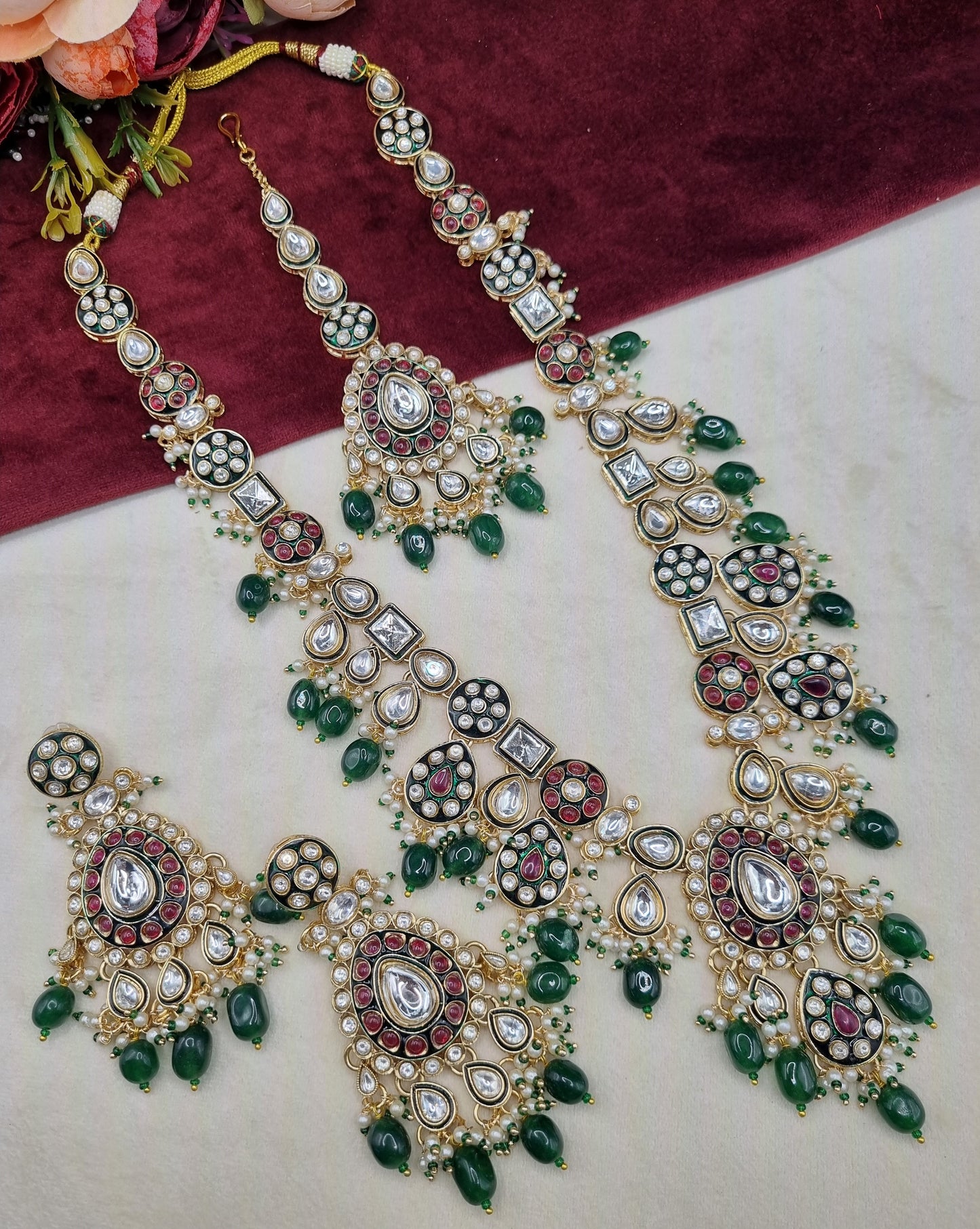 Long Kundan Haar Set with Earrings & Maang Tikka