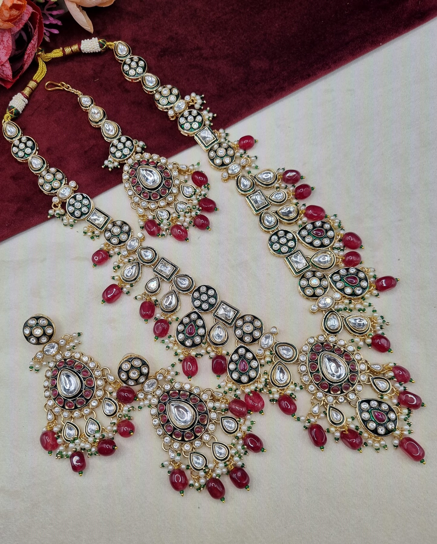 Long Kundan Haar Set with Earrings & Maang Tikka