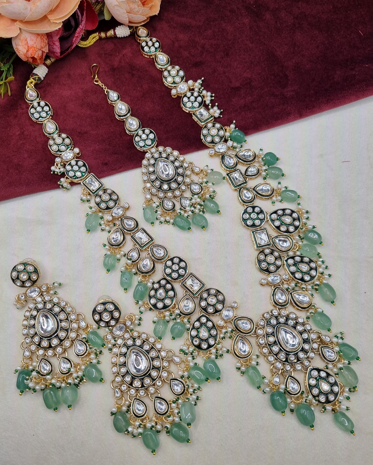 Long Kundan Haar Set with Earrings & Maang Tikka