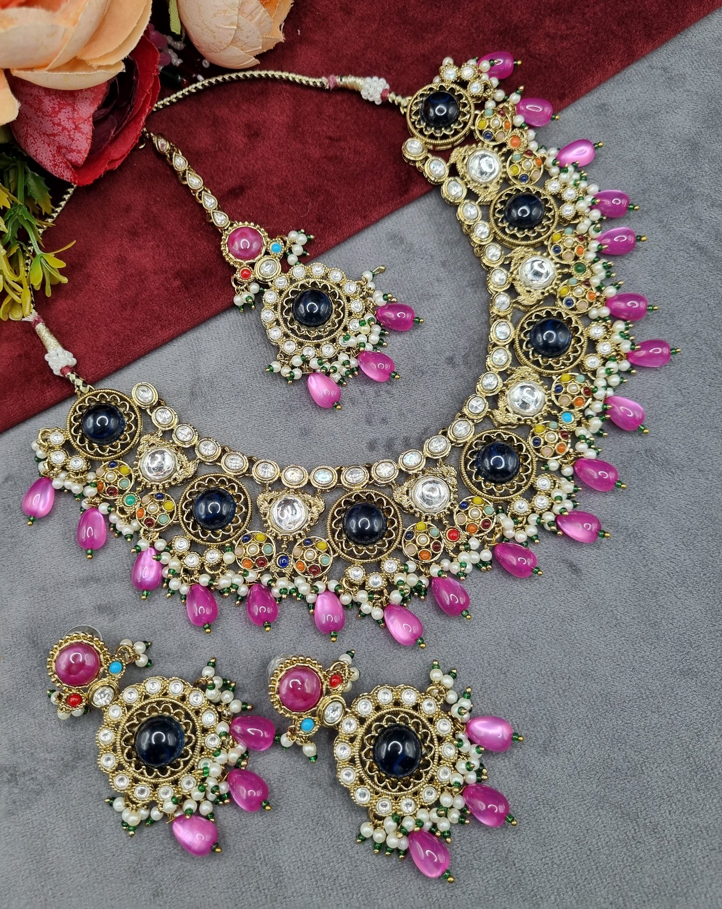 Traditional Gold-Tone Kundan Choker Set with Pearl Accents