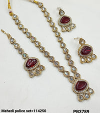 Antique Gold Polki Necklace Set with Matching Earrings and Maang Tikka