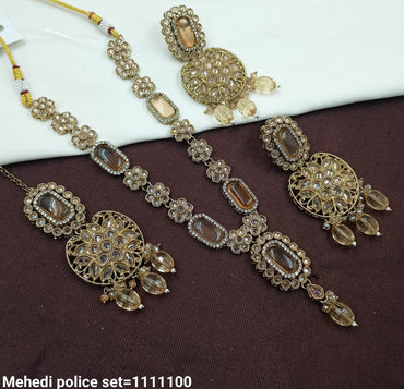 Elegant Kundan Jewelry Set With Necklace Drop Earrings And Tikka For Woman