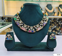 Multicolor Kundan Stone Choker Necklace Set with Matching Earrings