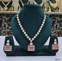 Classic Kundan Stone Necklace Set with Rectangular Pendant and Matching Earrings