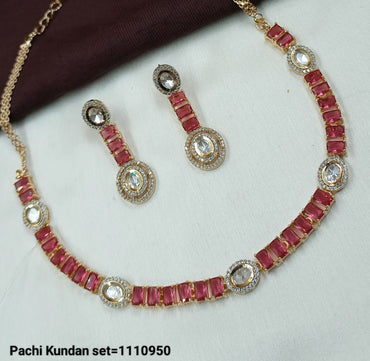 Lucentemarket Elegant Rectangular Cut Pachi Kundan Necklace Set with Matching Earrings