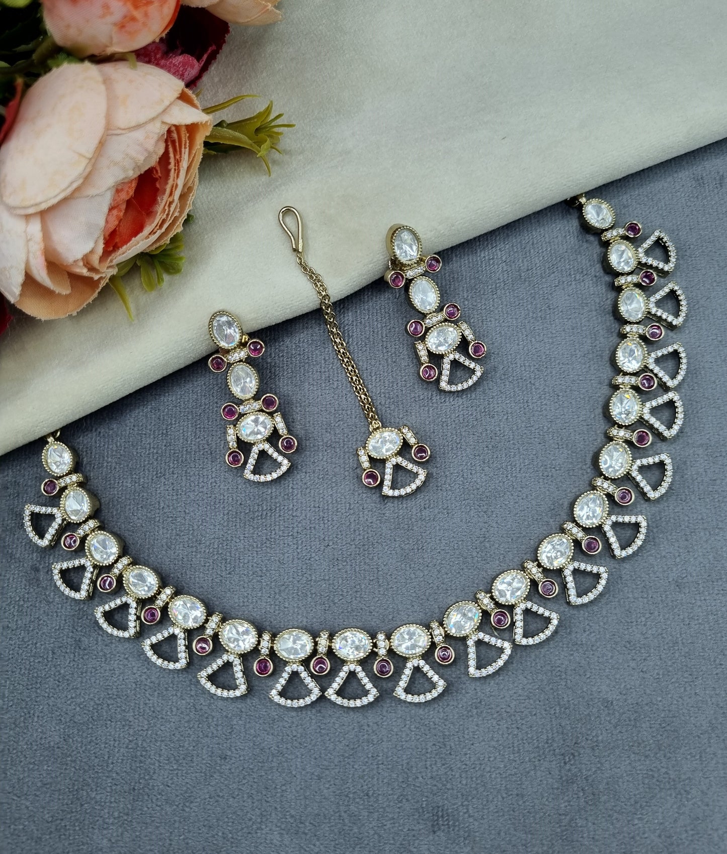 Modern Indian Choker Jewelry Set with Earrings & Tikka