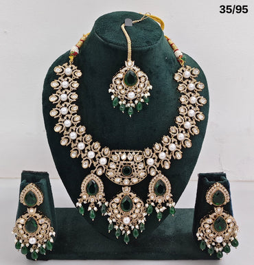 Pachi Kundan Bridal Necklace Set with Pearls & Beads – Earrings & Maang Tikka Included