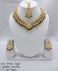 Antique Gold-Plated Kundan Necklace Set with Hanging Pearls & Beads – Earrings & Maang Tikka Included