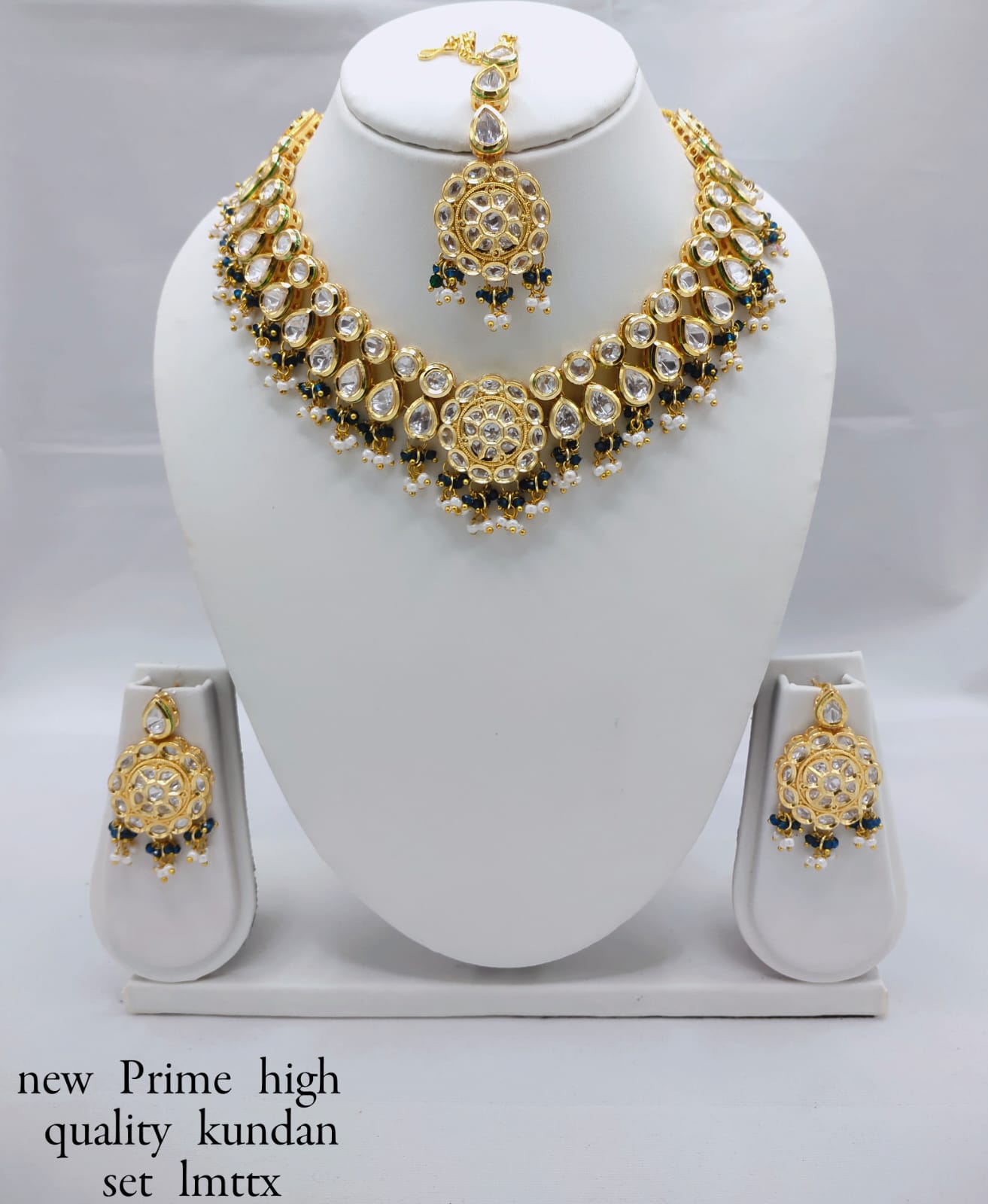 Antique Gold-Plated Kundan Necklace Set with Hanging Pearls & Beads – Earrings & Maang Tikka Included