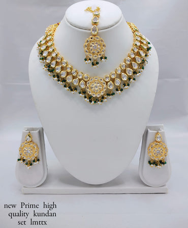 Antique Gold-Plated Kundan Necklace Set with Hanging Pearls & Beads – Earrings & Maang Tikka Included