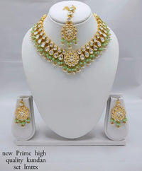 Antique Gold-Plated Kundan Necklace Set with Hanging Pearls & Beads – Earrings & Maang Tikka Included