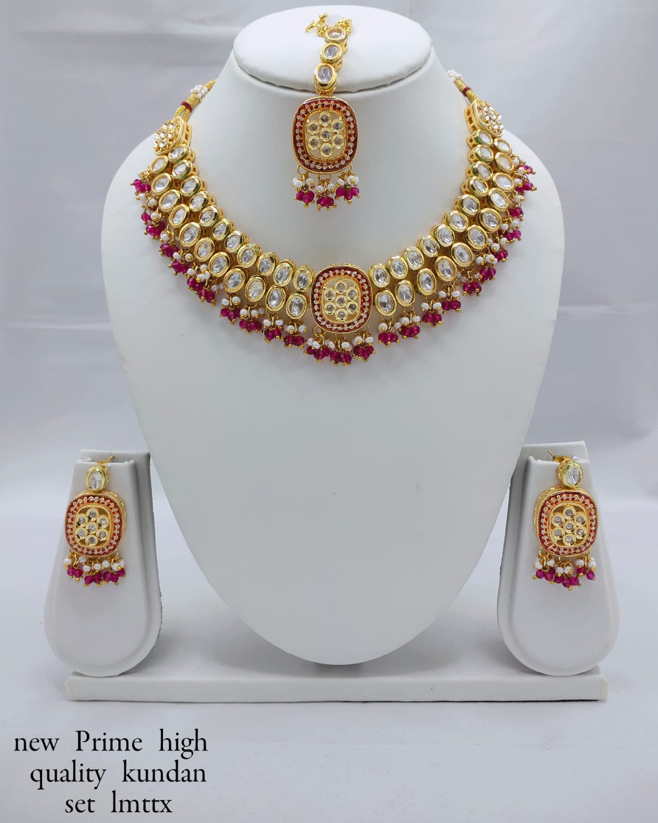 Antique Gold-Plated Kundan Necklace Set with Hanging Pearls & Beads – Earrings & Maang Tikka Included