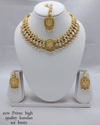 Antique Gold-Plated Kundan Necklace Set with Hanging Pearls & Beads – Earrings & Maang Tikka Included