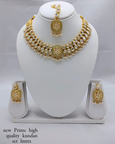 Antique Gold-Plated Kundan Necklace Set with Hanging Pearls & Beads – Earrings & Maang Tikka Included