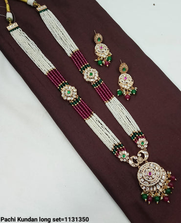 Pachi Kundan Long Necklace Set with Floral Centerpiece & Matching Earrings - Lucentemarket