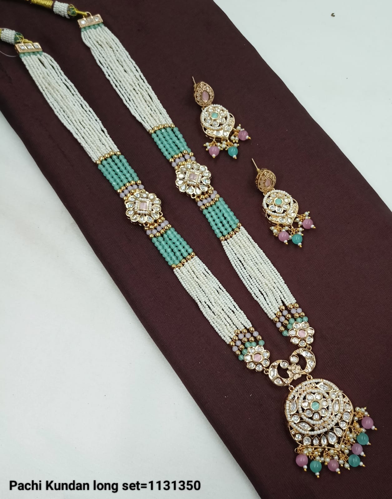 Pachi Kundan Long Necklace Set with Floral Centerpiece & Matching Earrings - Lucentemarket