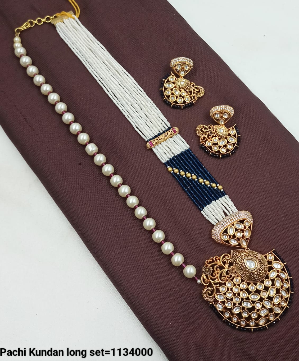 Pachi Kundan Long Necklace Set with Matching Earrings – Pearl & Bead Traditional Jewellery