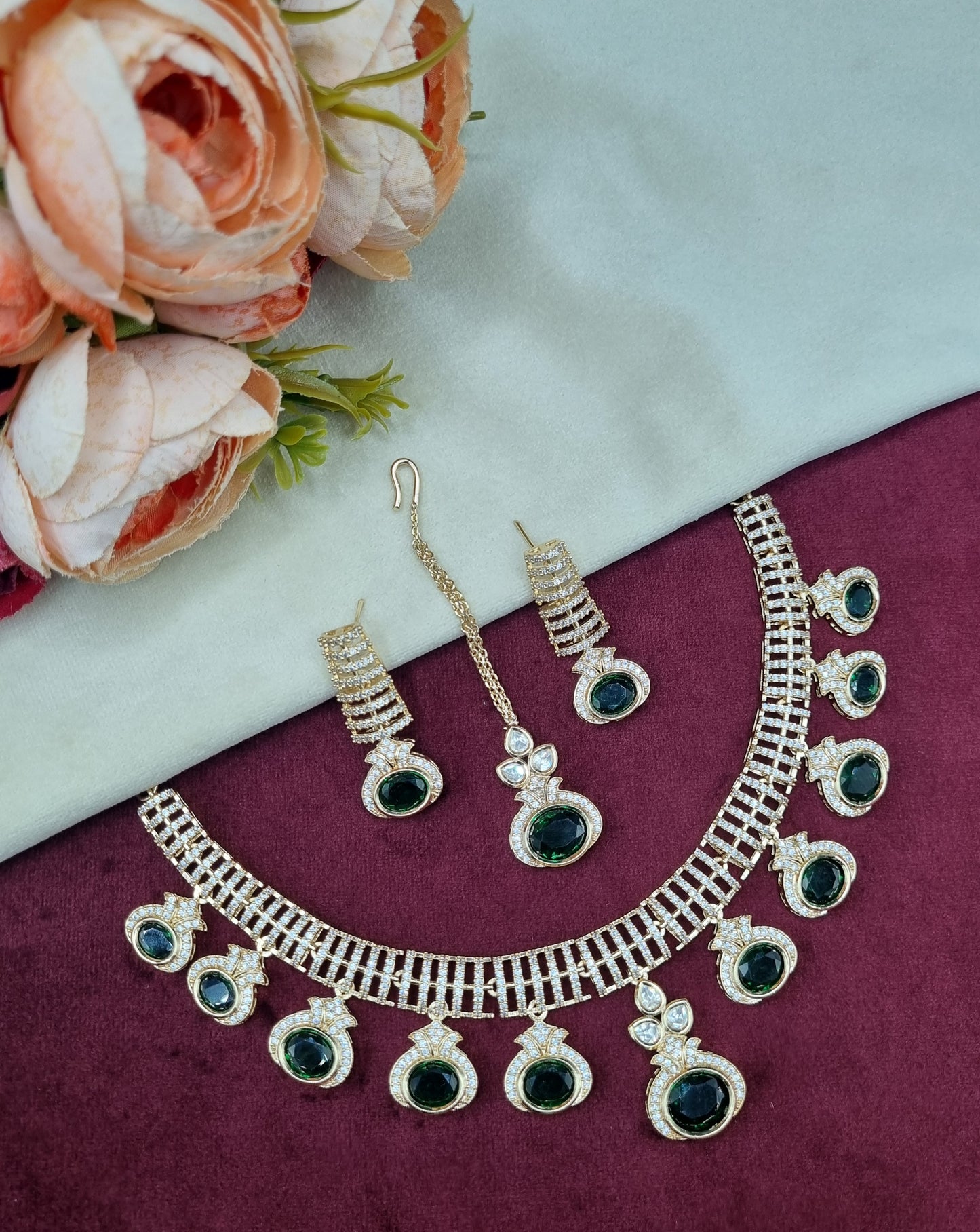 Modern Stone Choker Necklace Set with Matching Earrings & Maang Tikka