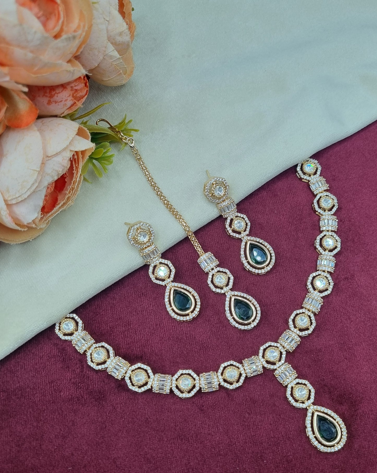 Elegant Teardrop Choker Set with Matching Tikka & Earrings