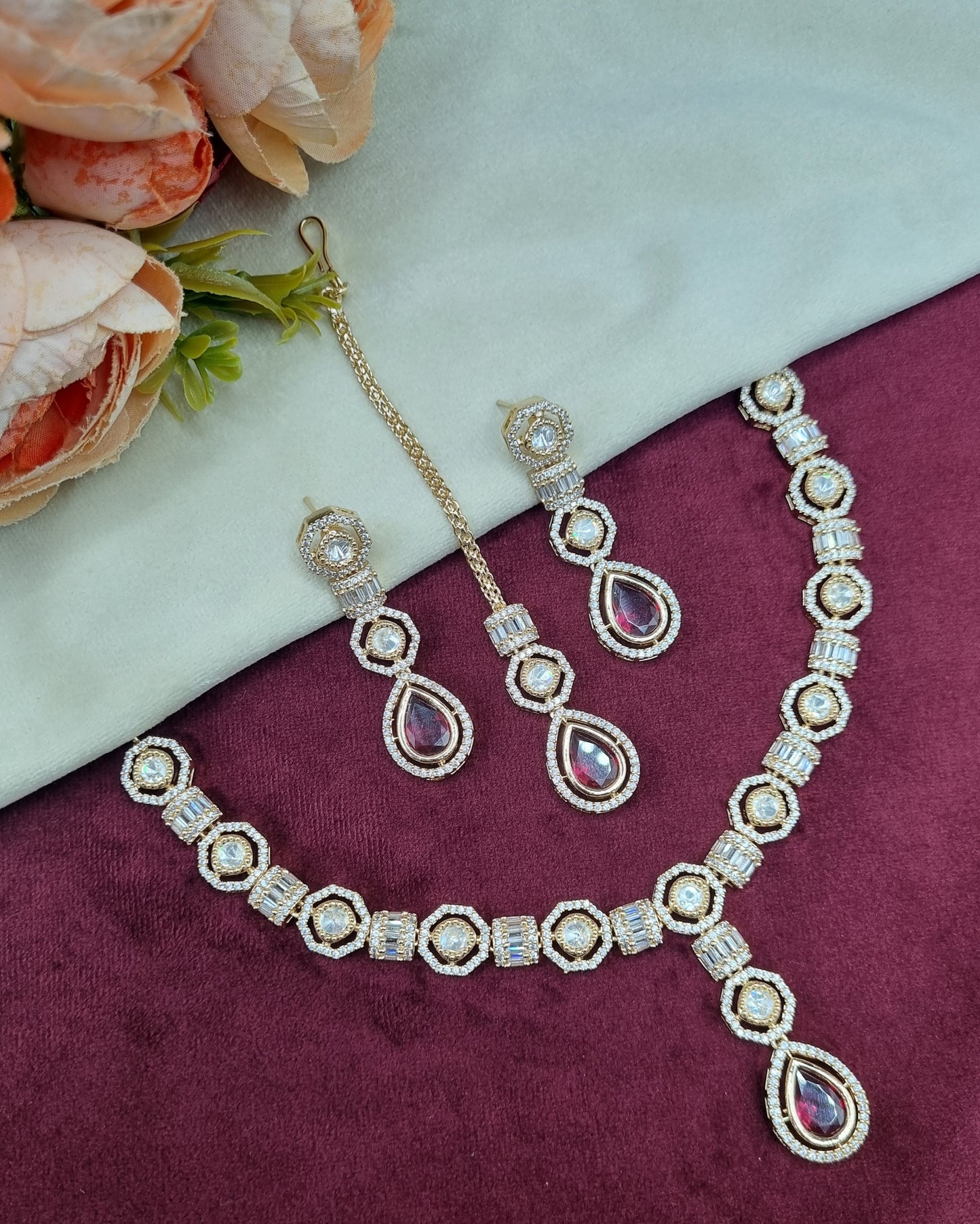 Elegant Teardrop Choker Set with Matching Tikka & Earrings