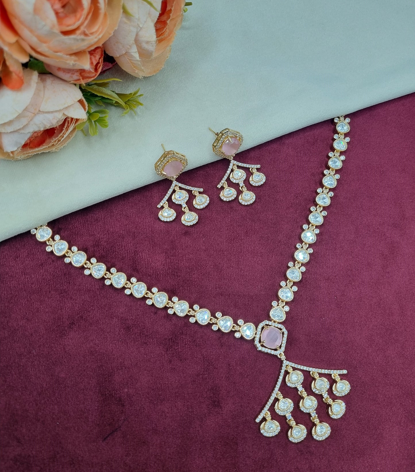 Minimalist Stone-Studded Ethnic Necklace Set with Drop Earrings