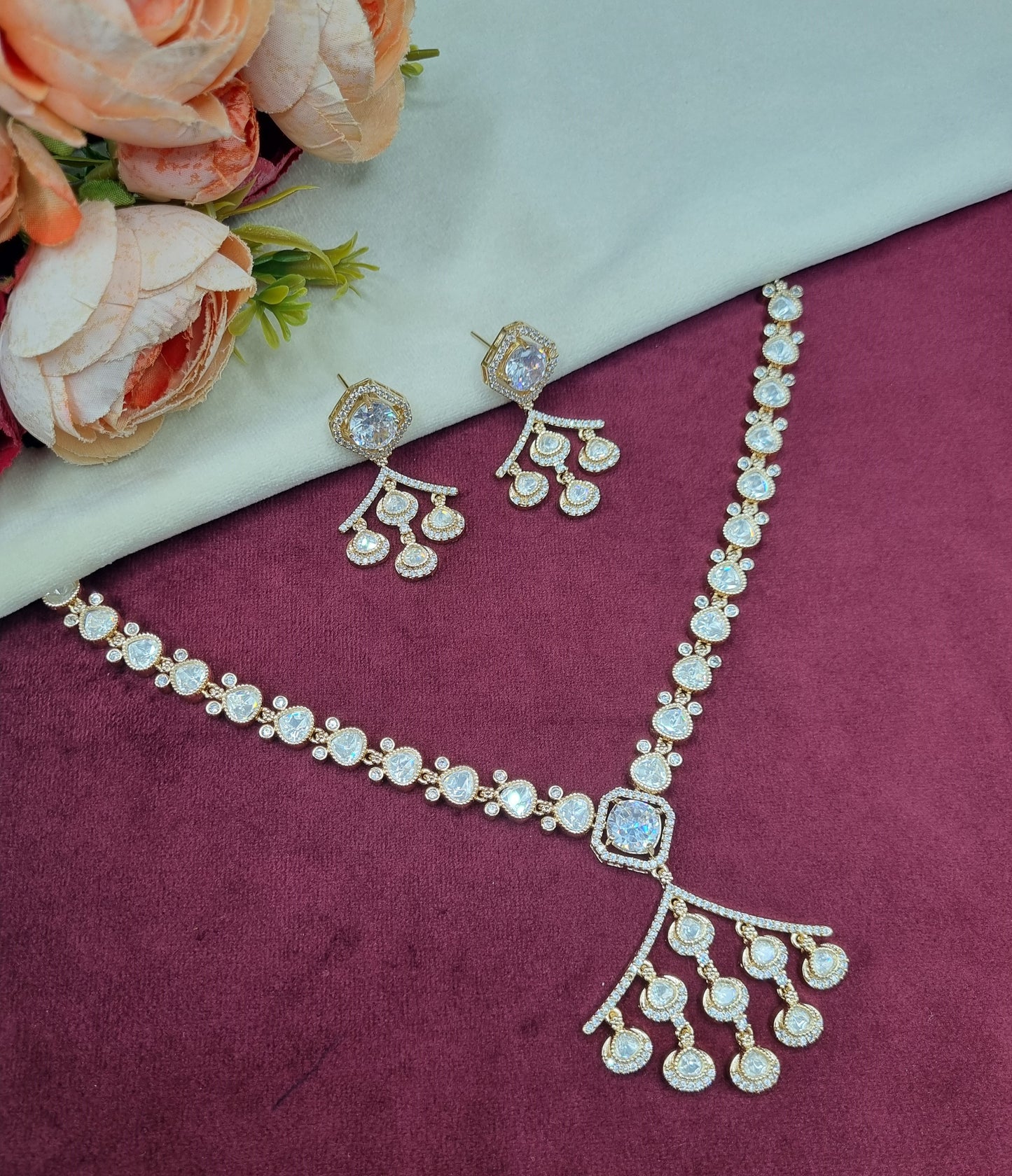 Minimalist Stone-Studded Ethnic Necklace Set with Drop Earrings