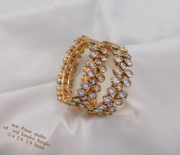 Elegant Real Pachi Kundan Bangles – Triple Line Pachi Kundan Design on Brass