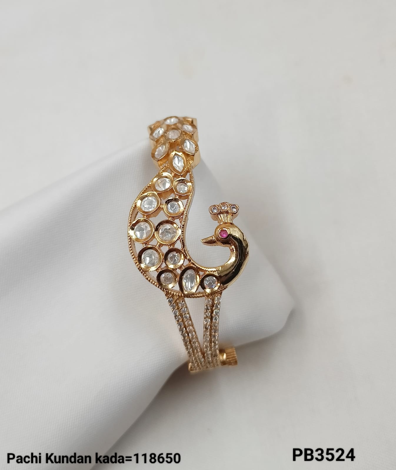 Peacock Design Gold Plated Pachi Kundan Bracelet