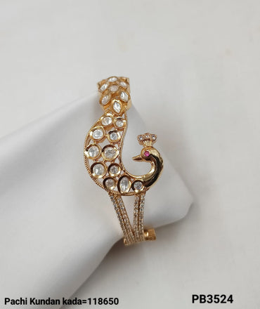 Peacock Design Gold Plated Pachi Kundan Bracelet