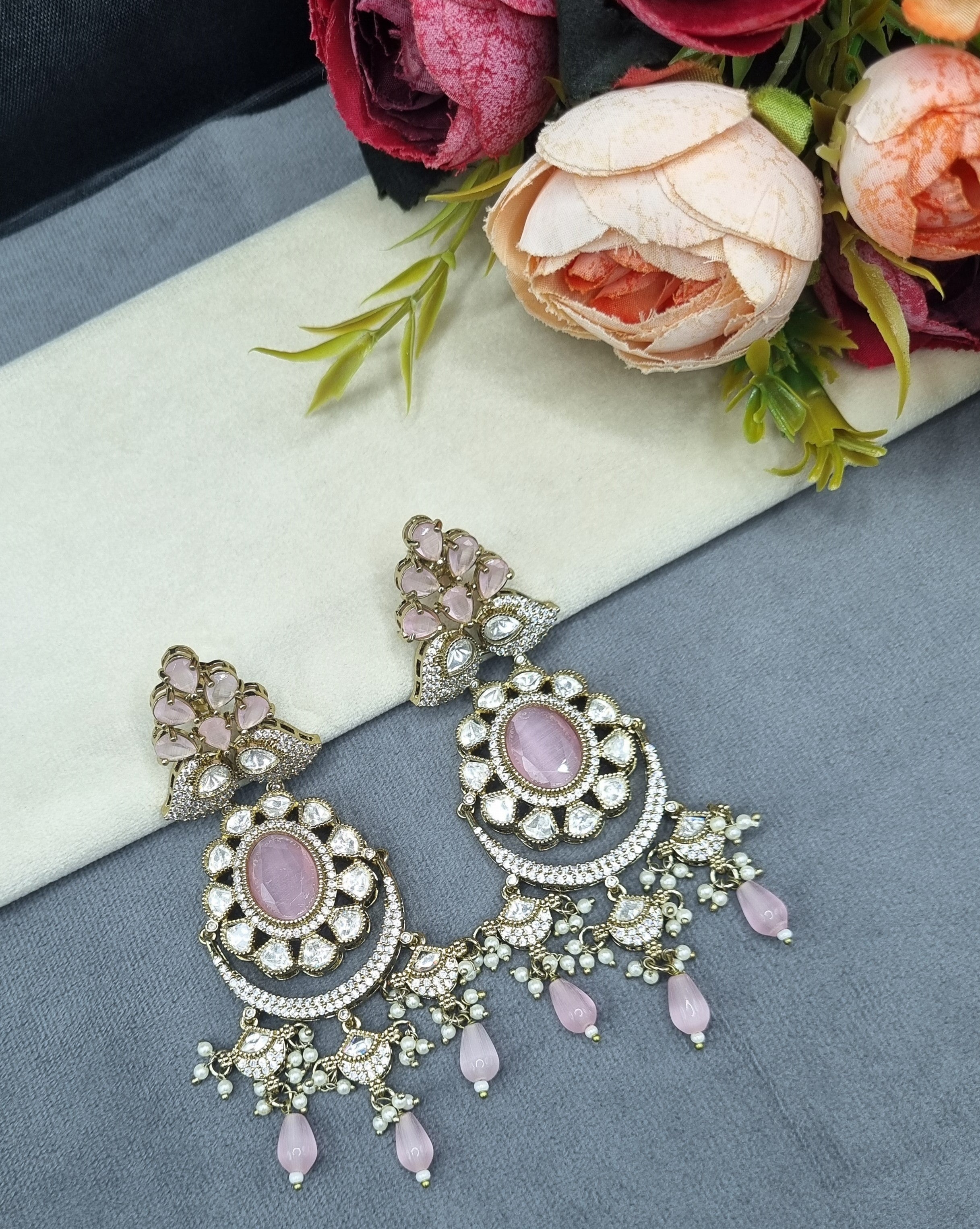 Intricate Stone-Studded Medallion Chandelier Earrings