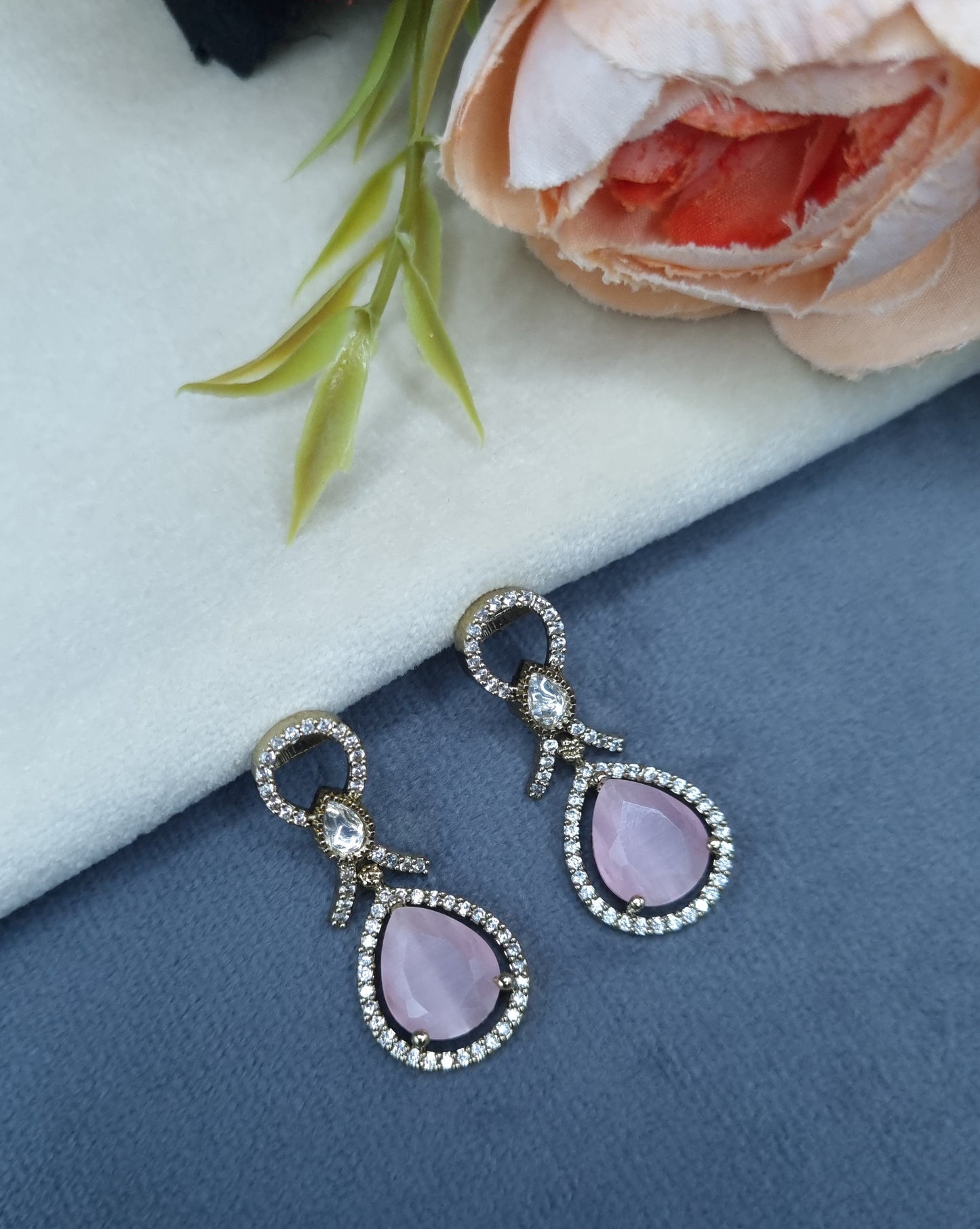 Elegant Teardrop Halo Drop Earrings with Pavé Ribbon Accents