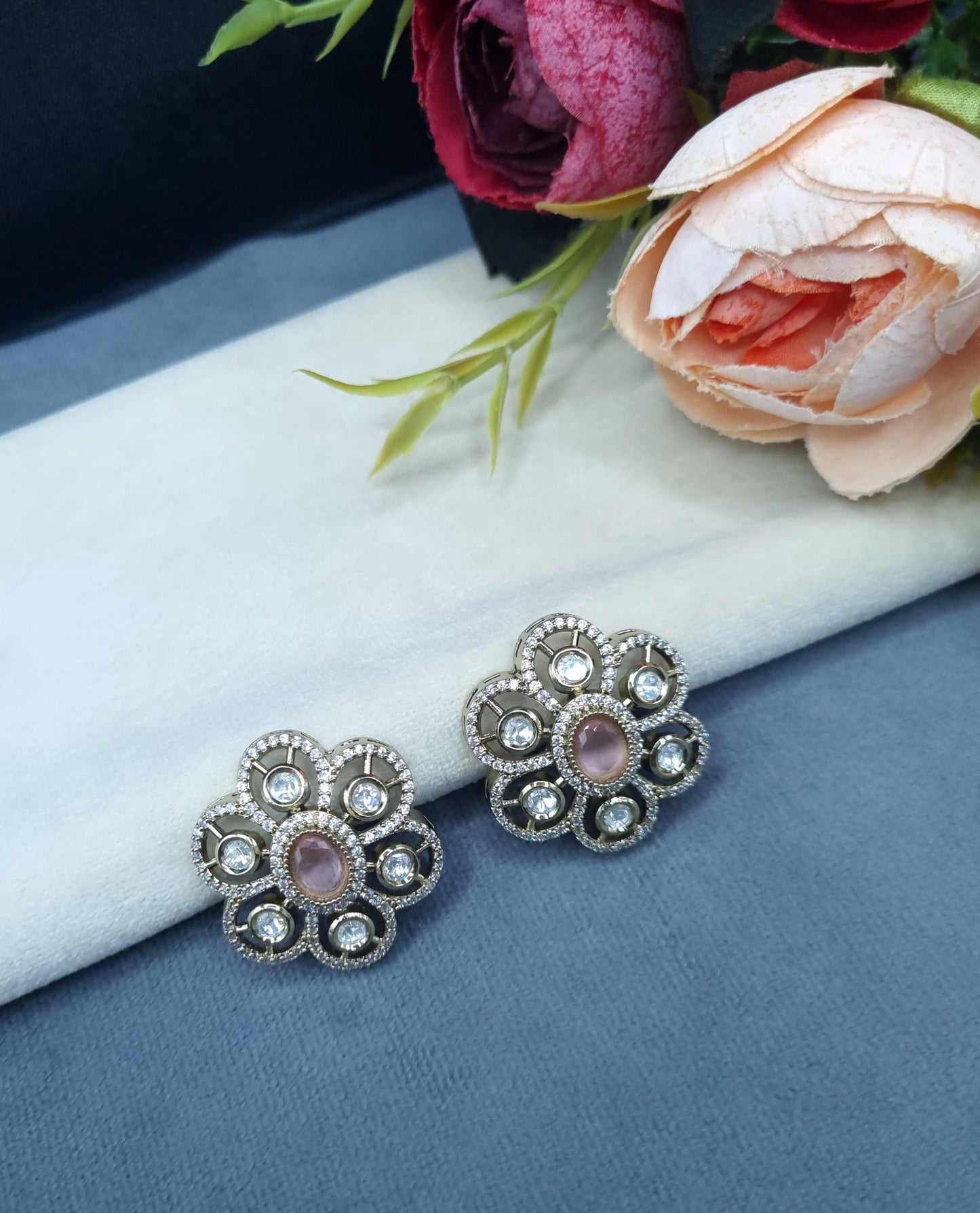 Floral Filigree Statement Stud Earrings with Pavé Accents