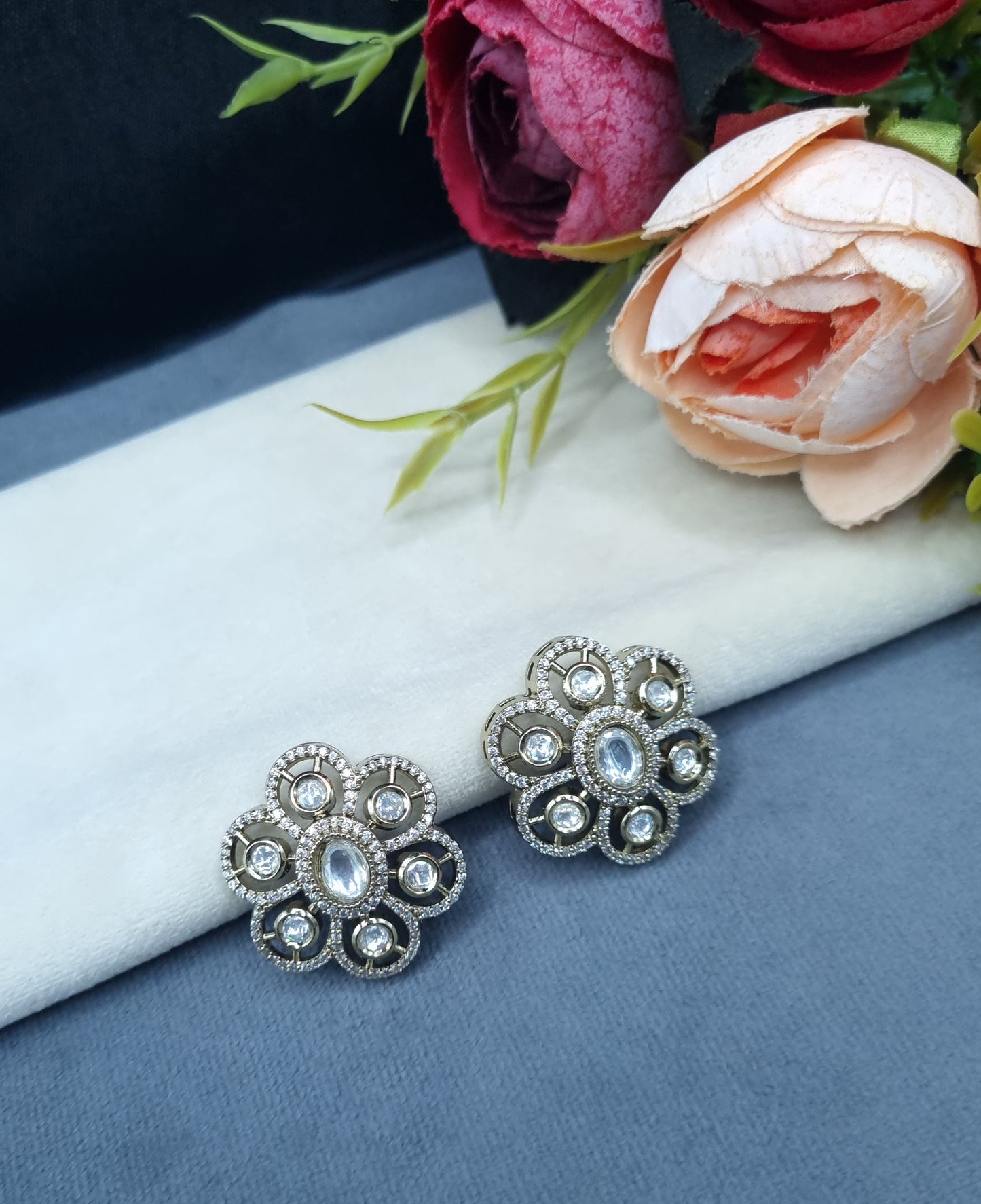 Floral Filigree Statement Stud Earrings with Pavé Accents