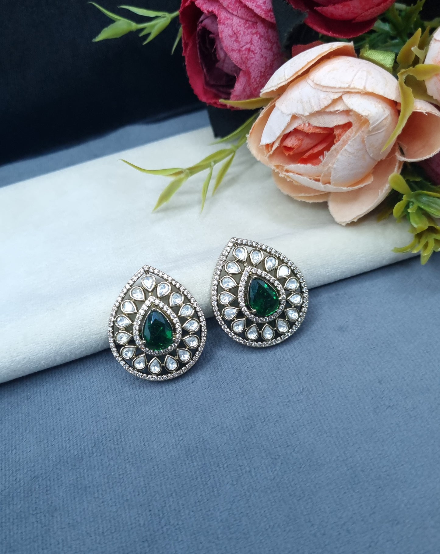 Teardrop Halo Stud Earrings with Polki-Style Accents