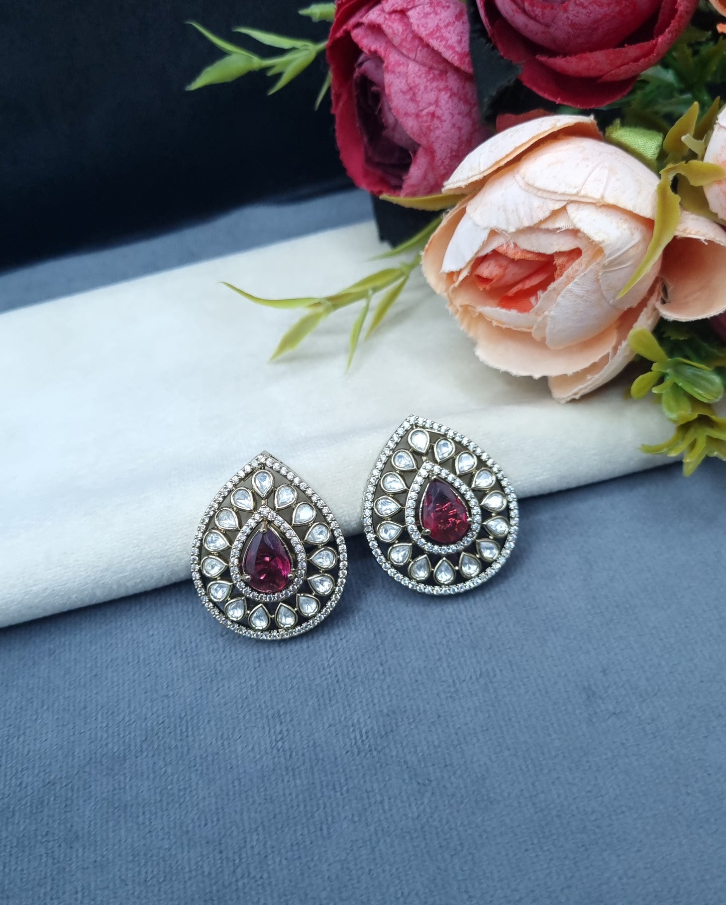 Teardrop Halo Stud Earrings with Polki-Style Accents