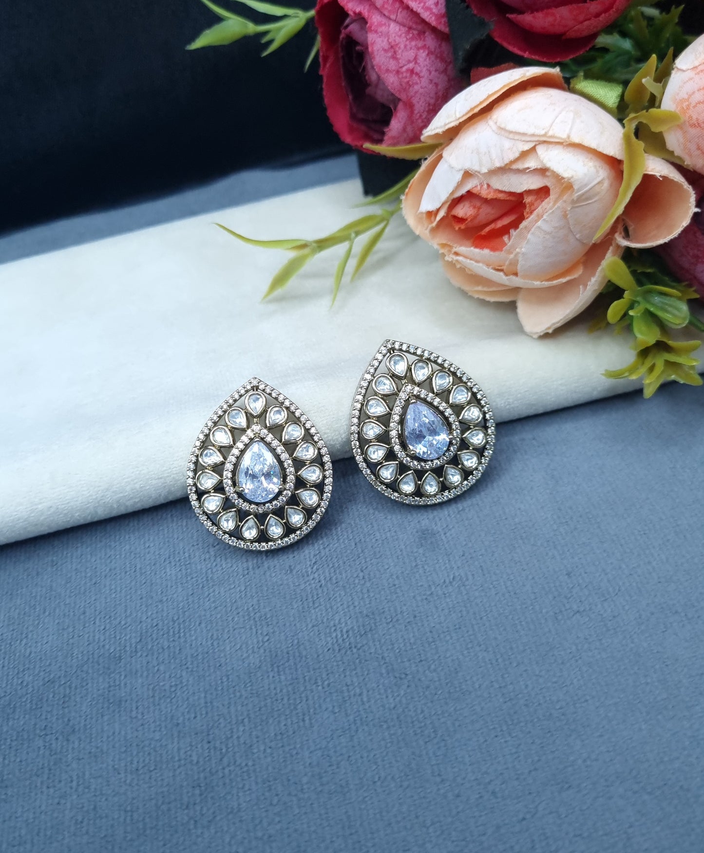 Teardrop Halo Stud Earrings with Polki-Style Accents