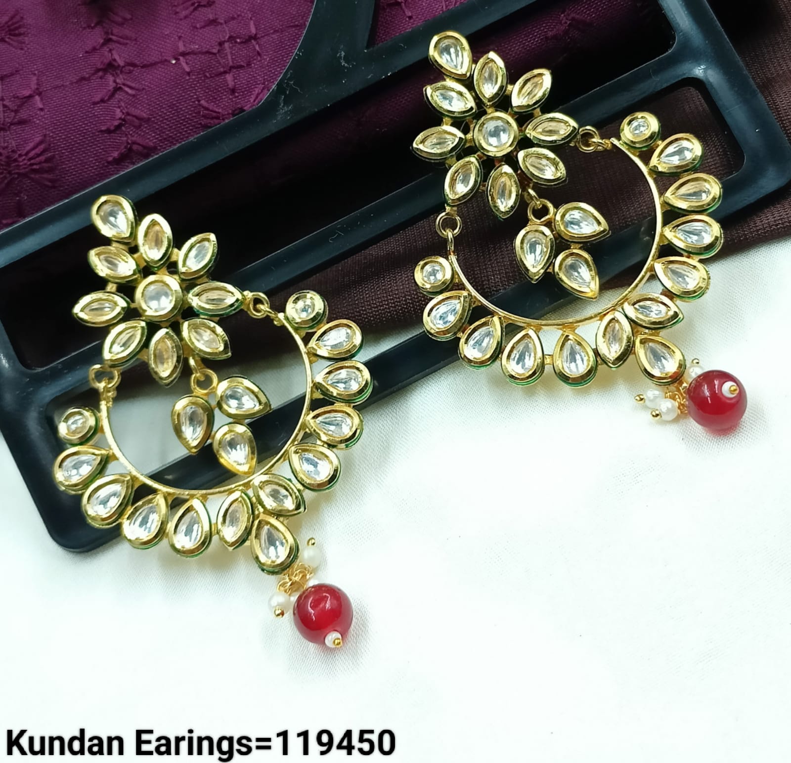 Elegant Kundan Hoop Earrings with Floral Design and Drop Bead – Traditional Indian Jewelry