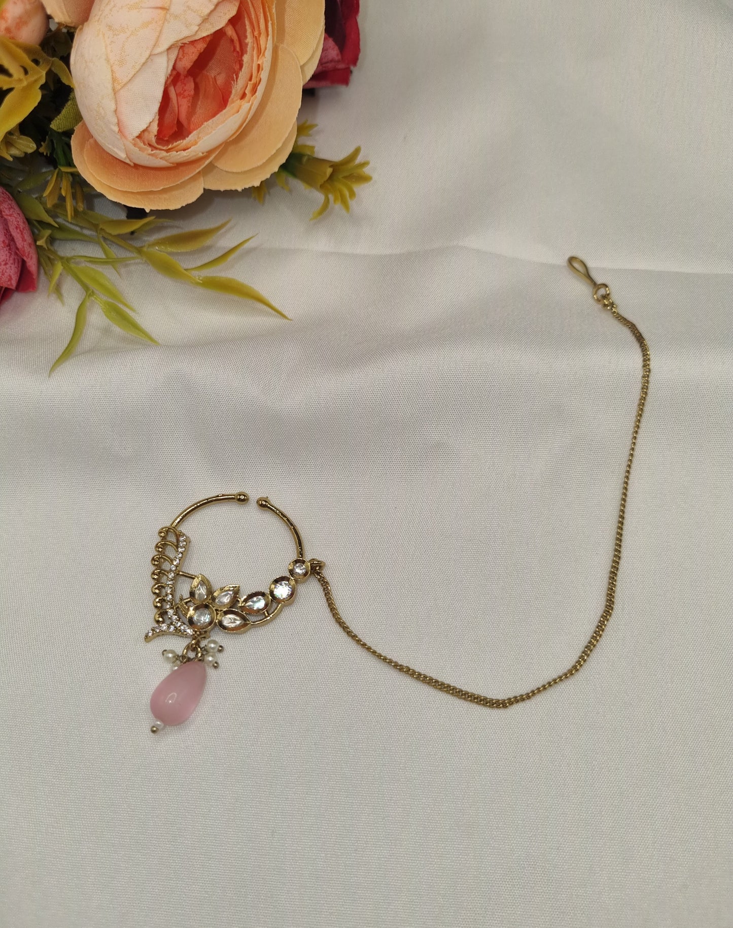 TRADITIONAL KUNDAN & DROP BEAD NOSE RING WITH HAIR CHAIN