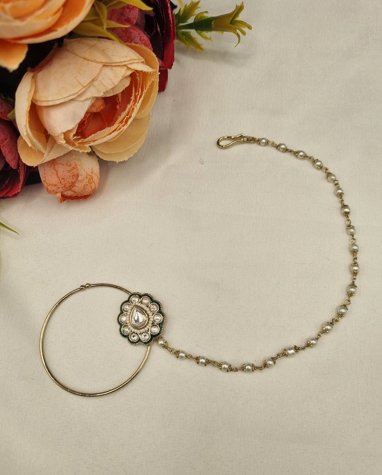 Floral Cabochon Nath with Beaded Pearl Chain