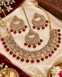 Antique Gold Cubic Zirconia Choker Set with Earrings & Maang Tikka