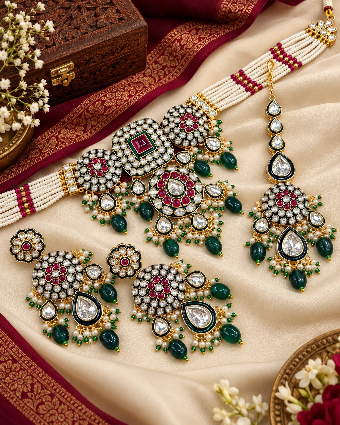 Royal Kundan & Pearl Choker Necklace Set with Maang Tikka & Earrings