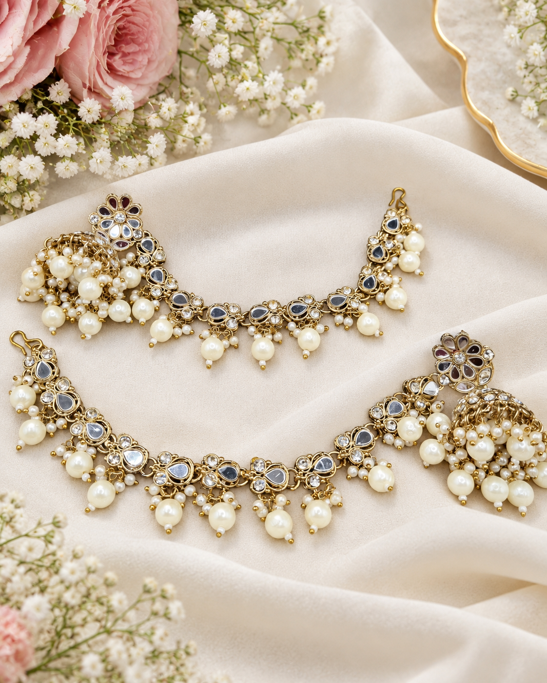 Pearl Sahara Jhumka Earrings with Hair Chain